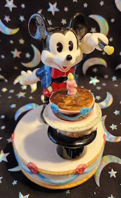 Schmid Ceramic Mickey Mouse With Magic Wand Rotating Music Box Birthday Cake Vintage Figurine