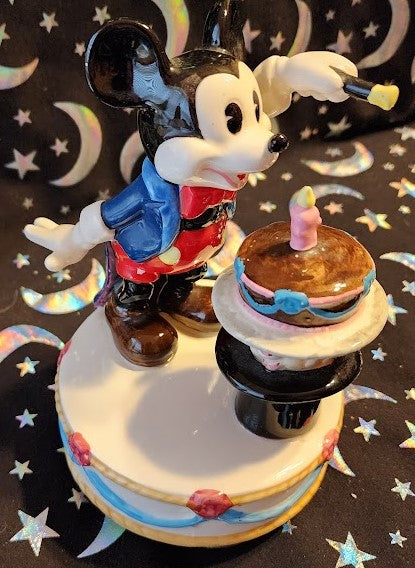 Schmid Ceramic Mickey Mouse With Magic Wand Rotating Music Box Birthday Cake Vintage Figurine