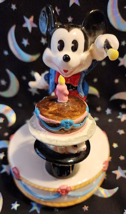 Schmid Ceramic Mickey Mouse Rotating Music Box with Birthday Cake Vintage Figurine